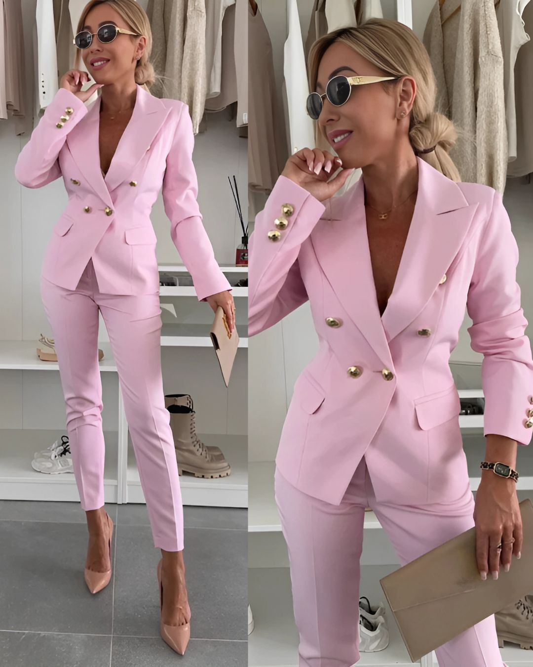 Costume Sophistiqué À Double Boutonnage Pour Femme, Coupe Ajustée