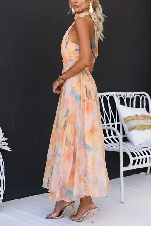 Sari | Robe Longue Aquarelle avec Col Halter et Dos Nu