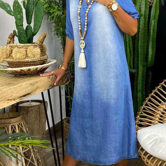 Ilse | Robe mi-denim à col en V d'été