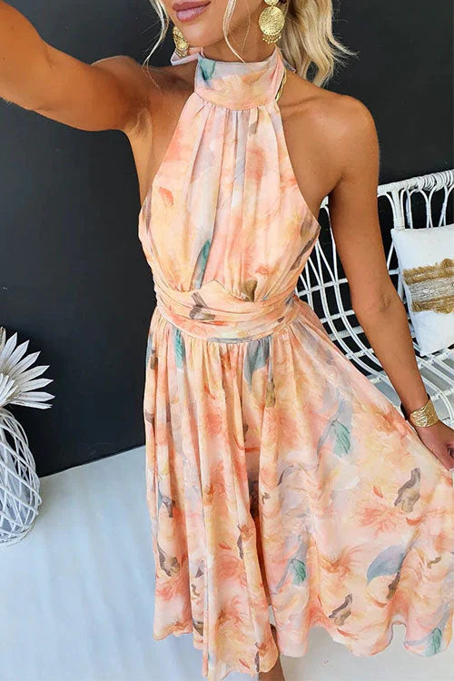 Sari | Robe Longue Aquarelle avec Col Halter et Dos Nu