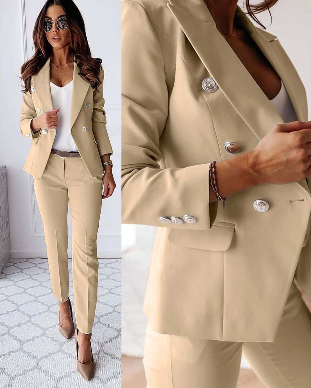 Costume Sophistiqué À Double Boutonnage Pour Femme, Coupe Ajustée