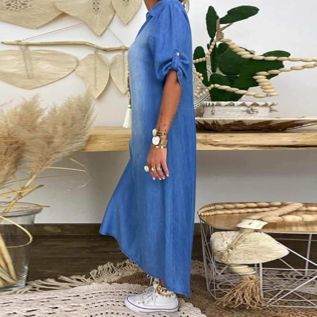 Ilse | Robe mi-denim à col en V d'été