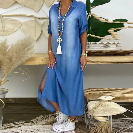 Ilse | Robe mi-denim à col en V d'été